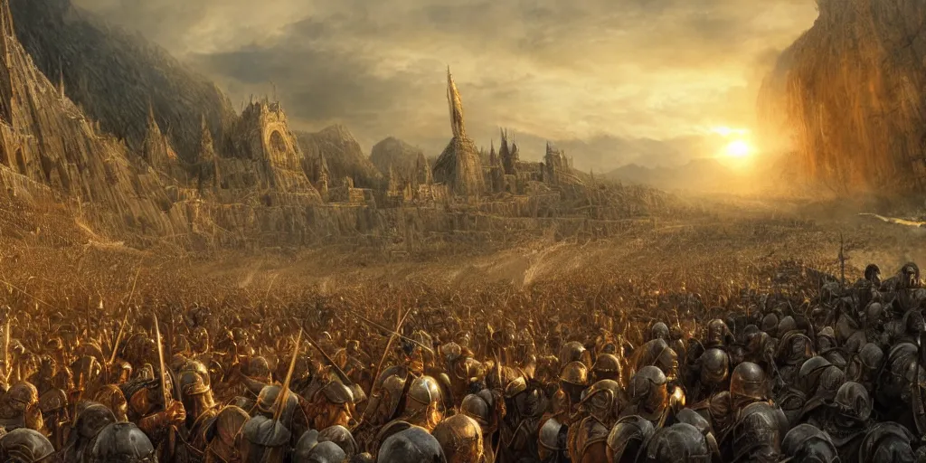 Image similar to Battle at Helm's Deep, golden hour, detailed matte painting, cinematic, Alan Lee, Artstation