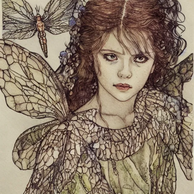 Image similar to a detailed, intricate watercolor and ink portrait illustration with fine lines of young 1 4 year old scarlett johannson as a fairy with dragonfly wings from her shoulders in a dress, by arthur rackham and edmund dulac and lisbeth zwerger