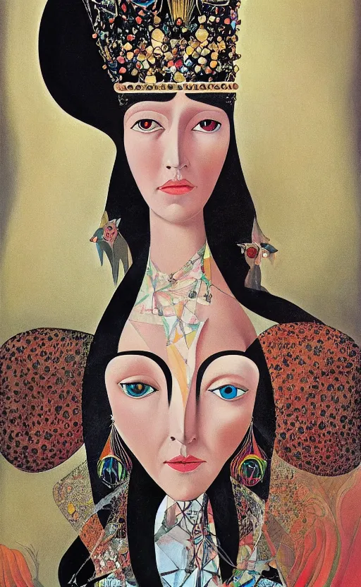 Prompt: a Hungarian portrait of a Queen, by Marcel Jankowicz, by Kay Nielsen, by Mary Blair, by Georgia o Keeffe, trending on artstation , winner,dark fantasy, tonalism