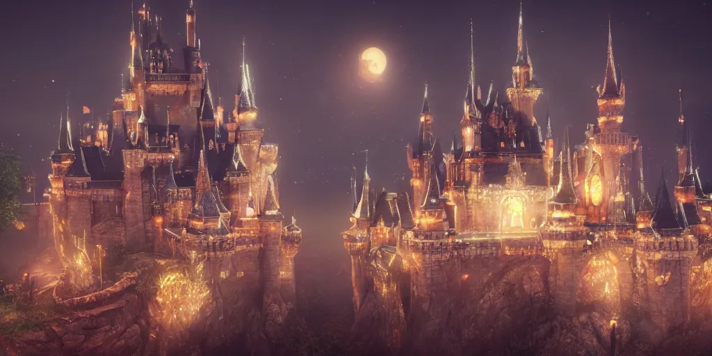 Image similar to a glittering fantasy castle at night, extremely detailed, Behrens style, digital art, octane render, beautiful composition, trending on artstation, masterpiece