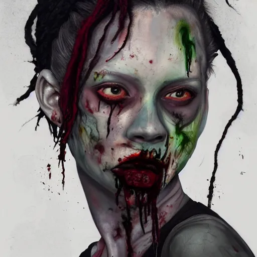 Prompt: color head portrait of young alison shaw from the cranes as a zombie with black dreadlocks, 7 days to die zombie, gritty background, fine art, award winning, intricate, elegant, sharp focus, cinematic lighting, digital painting, 8 k concept art, art by michael hussar, art by brom, art by guweiz and z. w. gu, 8 k
