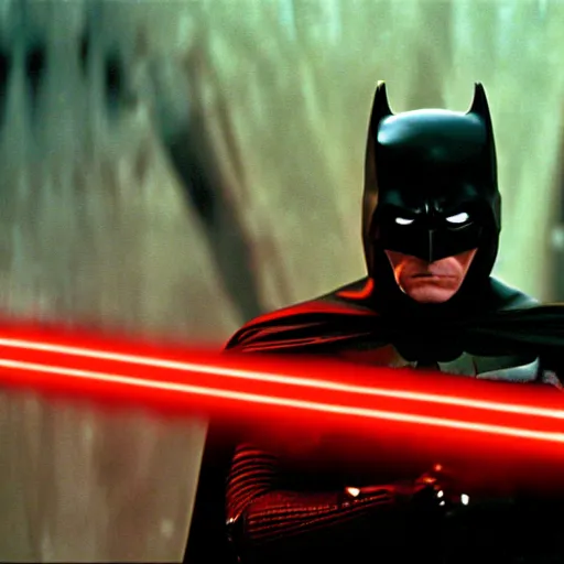 Image similar to hd photograph movie still of batman wielding a red lightsaber in star wars 2 0 0 5