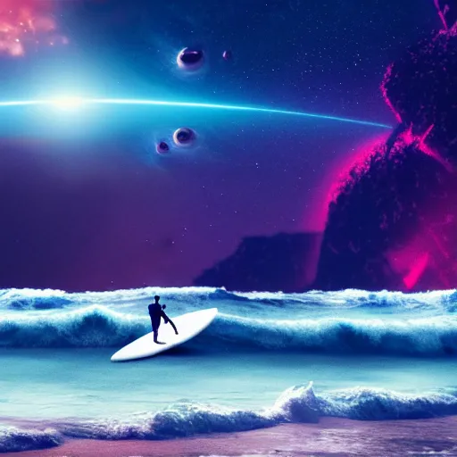 Image similar to photo of a alien surfing a surfboard on a crashing l wave of alien ocean in space, background is an alien galaxy, aliens in the background, alien colors, octane render, unreal engine, wide view, 8 k, high detaild