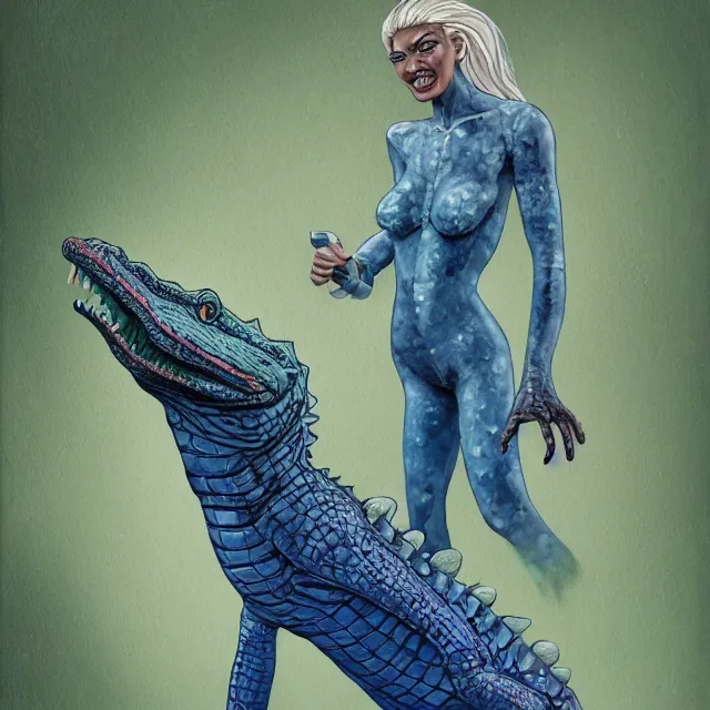 Prompt: a oil / watercolor painting full body character portrait of a illogical, odd, seasoned female anthropomorphic alligator on the wrong side of the law. in the style of moebius in the style of leonard boyarsky trending on artstation deviantart pinterest hyper detailed photorealistic highlights and shadow hd 8 k post - processing high resolution