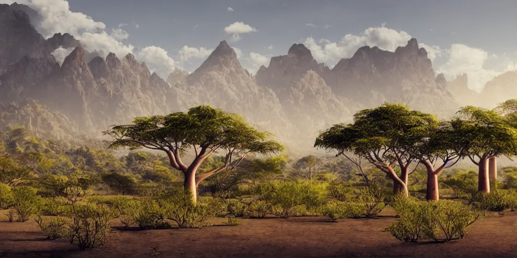 Prompt: a Malagasy dream landscape with baobab trees and snowy mountains in the background, film still, concept art, depth of field