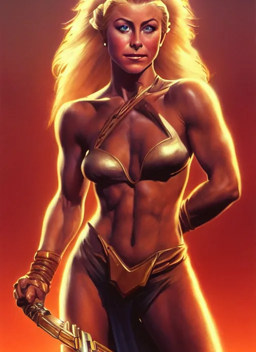 Image similar to a stunning medium shot portrait of julianne hough as a star wars slave girl, digital art by frank frazetta and boris vallejo and julie bell and moebius, highly detailed, trending on artstation, hq