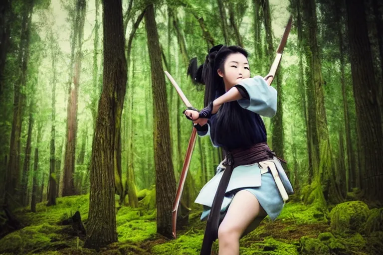 Prompt: beautiful photo of a young modern geisha samurai practising the sword in a forest, mid action swing, symmetrical face, beautiful eyes, huge oversized sword, award winning photo, muted pastels, action photography, 1 / 1 2 5 shutter speed, dramatic lighting, anime set style