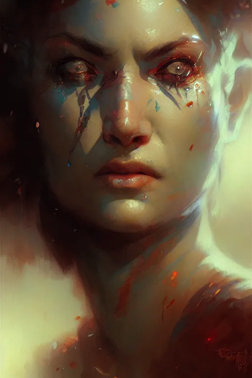 Prompt: extreme close up, facial portrait, phantom assassin, stunning, portrait dnd, painting by gaston bussiere, craig mullins, greg rutkowski, yoji shinkawa