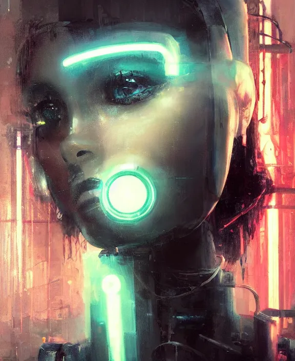 Prompt: portrait of cute female robot, wires, neon lights, striking eyes, cyberpunk, highly detailed painting by jeremy mann and cd projekt red