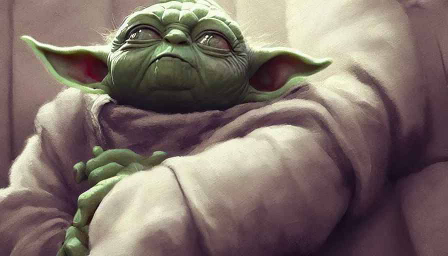 Image similar to Yoda sleeping in his bed, close-up shot, details, sharp focus, illustration, by Jordan Grimmer and greg rutkowski, Trending artstation, pixiv, digital Art