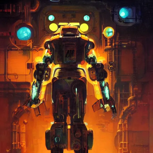 Image similar to a dark and colorful close - up of a sci - fi mecha tiger robot with led lights glowing fog in the background. highly detailed science fiction painting by norman rockwell, frank frazetta, and syd mead. rich colors, high contrast, gloomy atmosphere, dark background. trending on artstation