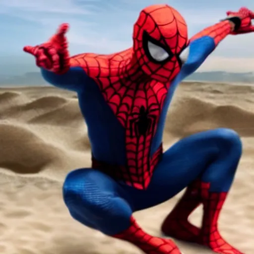 Image similar to cinematic scene of Spiderman slowly becoming sand , shocking