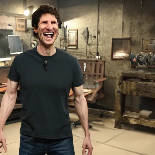 Image similar to A photo of Bethesda Game Studio's Todd Howard manically laughing, 4K UHD, high quality, amazing quality, studio quality, studio lighting