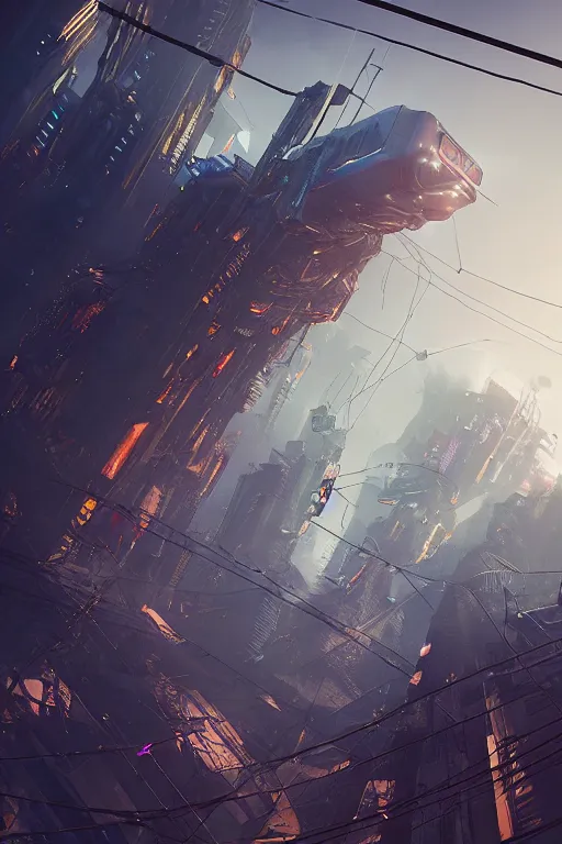 Prompt: “low angle of a gigantic cyberpunk building hovering above a city, long thick cables trash and debris hanging from underneath, smoke and thick dust in the air, rays of light, neon billboards and dried palmtrees in the streets, air ships examining the area, intricate and epic concept art, highly detailed, 8k, cinematic