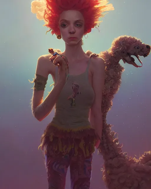 Image similar to highly detailed surreal vfx portrait of a nowpunk poodle, stephen bliss, unreal engine, greg rutkowski, loish, rhads, beeple, makoto shinkai and lois van baarle, ilya kuvshinov, rossdraws, tom bagshaw, alphonse mucha, global illumination, detailed and intricate environment