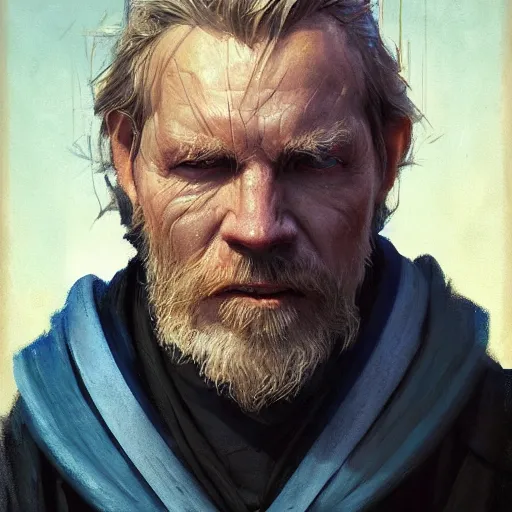 Image similar to portrait of a man by greg rutkowski, old jedi master, he looks like cameron monaghan, beard, wearing a blue jedi robes, star wars expanded universe, he is about 8 0 years old, highly detailed portrait, digital painting, artstation, concept art, smooth, sharp foccus ilustration, artstation hq