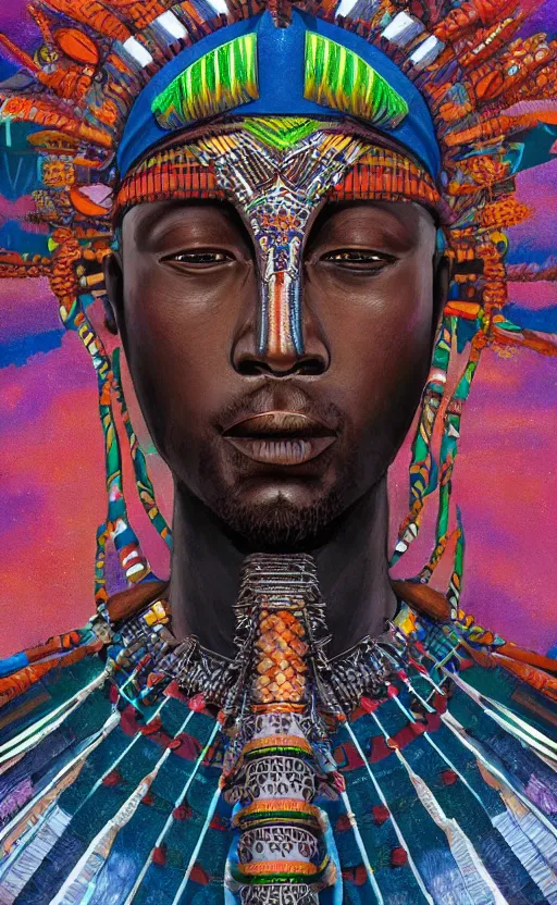 Image similar to upper half portrait of retro futuristic african tribal chief - embellished with vegetation and iridescent crystals, art by stanley artgem lau, highly detailed, digital painting, concept art, illustration, smooth sharp focus, intricate, symmetry, artstation, colourful,