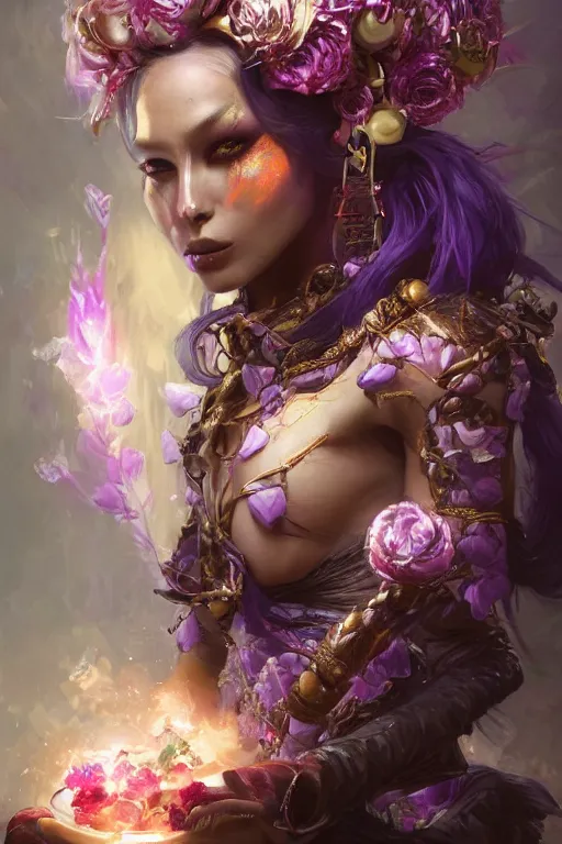 Image similar to face closeup of beautiful girl necromancer, witch - doctor covered with velvet exploding into crystals, angels, 3 d render, hyper realistic detailed portrait, holding magic flowers, ruan jia, wlop. scifi, fantasy, hyper detailed, octane render, concept art, peter mohrbacher
