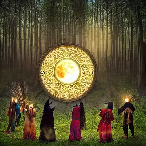 Prompt: Shamanistic ritual being performed in a clearing the middle of the woods. A full moon is in the sky. A scrying mirror is in the middle of the circle. Ornate costumes are worn by the participants. Digital art.