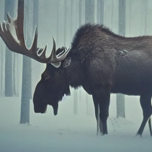 Prompt: polaroid of a moose with a cheeky smile, foggy, cinematic shot, photo still from movie by denis villeneuve, wayne barlowe