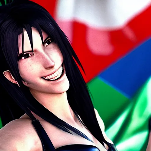 Image similar to Tifa Lockhart from Final Fantasy VII Remake (2020) laughing with the Italian flag in the background