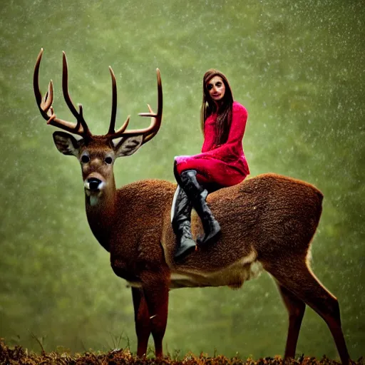 Image similar to 4 k hdr wide angle detailed portrait of a beautiful instagram model woman riding on top of a wild buck deer in a rain shower during a storm with thunder clouds overhead and moody stormy lighting sony a 7