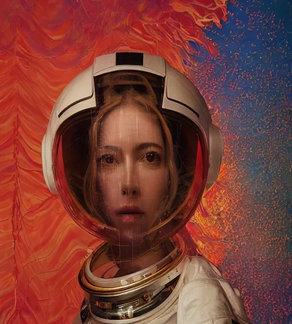 Image similar to hyperrealistic portrait of a woman monster astronaut, sofia coppola, full body portrait, well lit, intricate abstract. gucci style, intricate artwork, high detail, figurative art, multiple exposure, poster art, 3 d, by stanley kubrick and tooth wu and wlop and beeple, realistic, hyperdetailed, 8 k resolution.