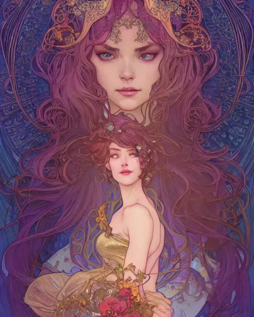 Prompt: secret romance, highly detailed,, art nouveau, gold filigree, romantic storybook fantasy, soft cinematic lighting, award, disney concept art watercolor illustration by mandy jurgens and alphonse mucha and alena aenami, pastel color palette, featured on artstation