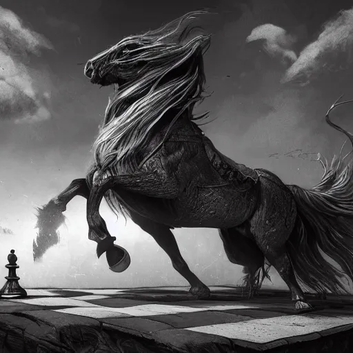 Image similar to a chess piece comes alive, the horse jumps over the wooden chessboard, fantasy art, in the style of greg rutkowski, illustration, epic, fantasy, intricate, hyper detailed, artstation, concept art, smooth, black and white, sharp focus, ray tracing