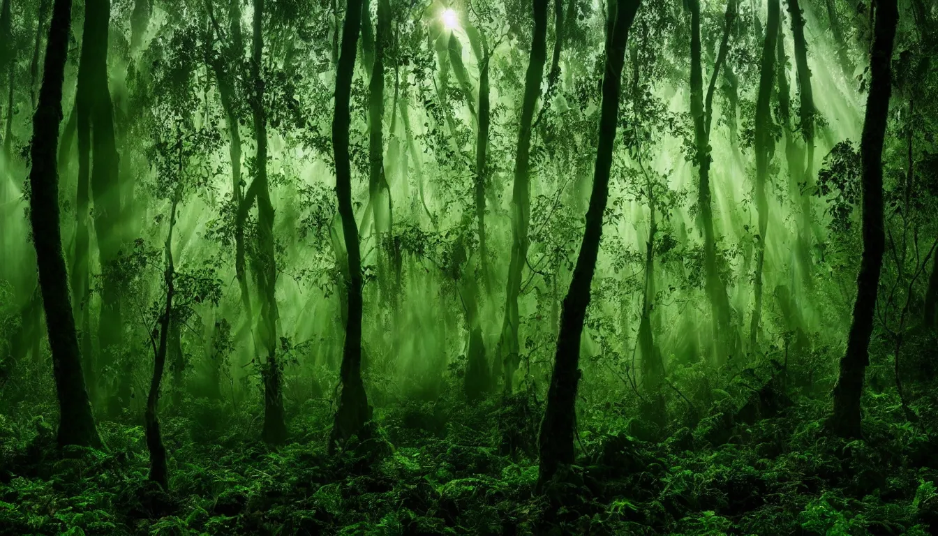 Image similar to deep jungle forest realm biodiversity , swirling clouds of magical mist through the trees , small patches of land floating between the tree trunks, dramatic dusk sun illuminates areas , volumetric light , detailed entangled roots carpet the forest floor ,rich emerald color , upscale , 8k