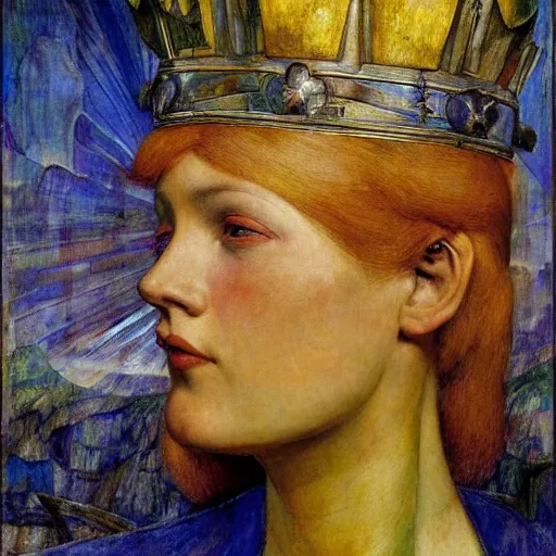 Image similar to the android in her iron crown after the storm, by Annie Swynnerton and Diego Rivera, symbolist, dramatic lighting, elaborate geometric ornament, Art Brut ,god rays, soft cool colors,smooth, sharp focus, extremely detailed, Adolf Wölfli