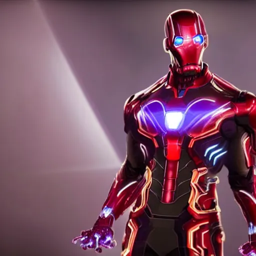 Image similar to still photo of marvel ultron on thanos, highly detailed, photorealistic portrait, bright studio setting, studio lighting, crisp quality and light reflections, unreal engine 5 quality render