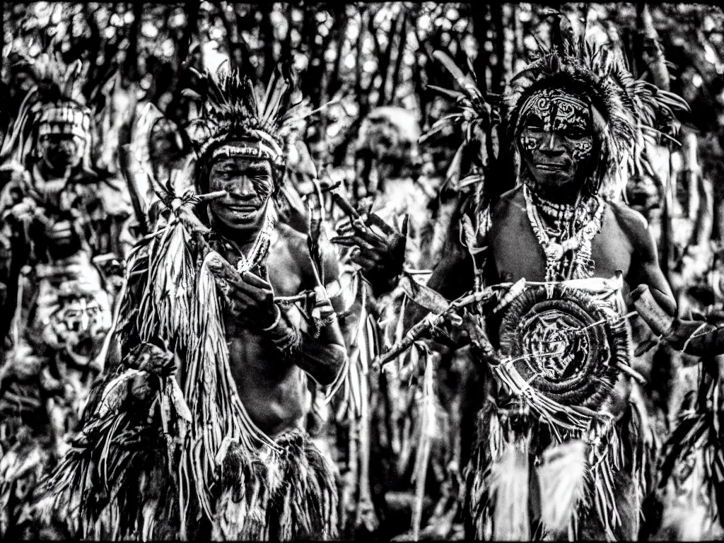 Prompt: cinematic, 3 5 mm, photography, ancient baluba tribe ceremony, a shaman wearing a tribal ancestors masks in dark woods, drummer, tribal dancers in transe, fire, congo, luba tribe