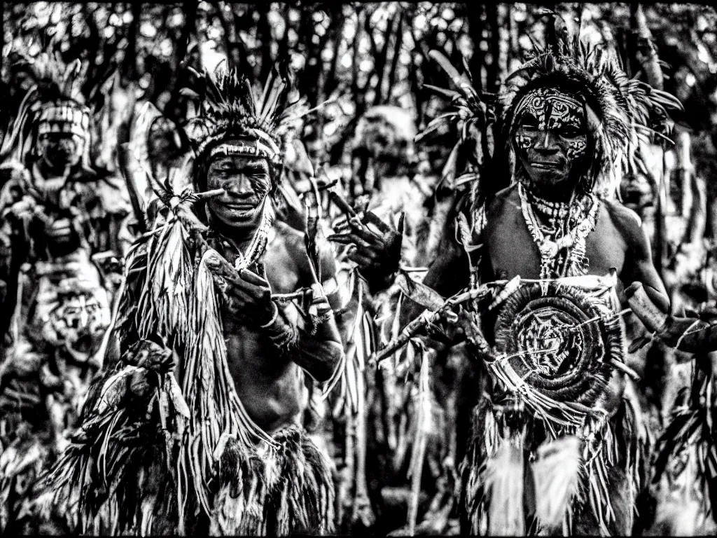 Image similar to cinematic, 3 5 mm, photography, ancient baluba tribe ceremony, a shaman wearing a tribal ancestors masks in dark woods, drummer, tribal dancers in transe, fire, congo, luba tribe