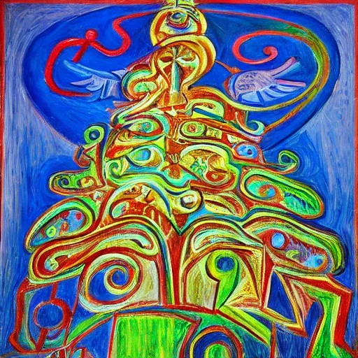 Prompt: intricate five enchanted magucal hollywood tree by pablo picasso, oil on canvas, hdr, high detail, photo realistic, hyperrealism, matte finish, high contrast, 3 d depth, centered, masterpiece, vivid and vibrant colors, enhanced light effect, enhanced eye detail, artstationhd