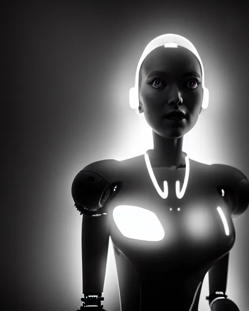 Image similar to black and white high quality photo of a female AI-cyborg-doll looking into a sci-fi mirror, volumetric lighting, hyperdetailed, photorealistic, cinematic, masterpiece, elegant, dark, in the style of Man Ray, octane render, 8K,