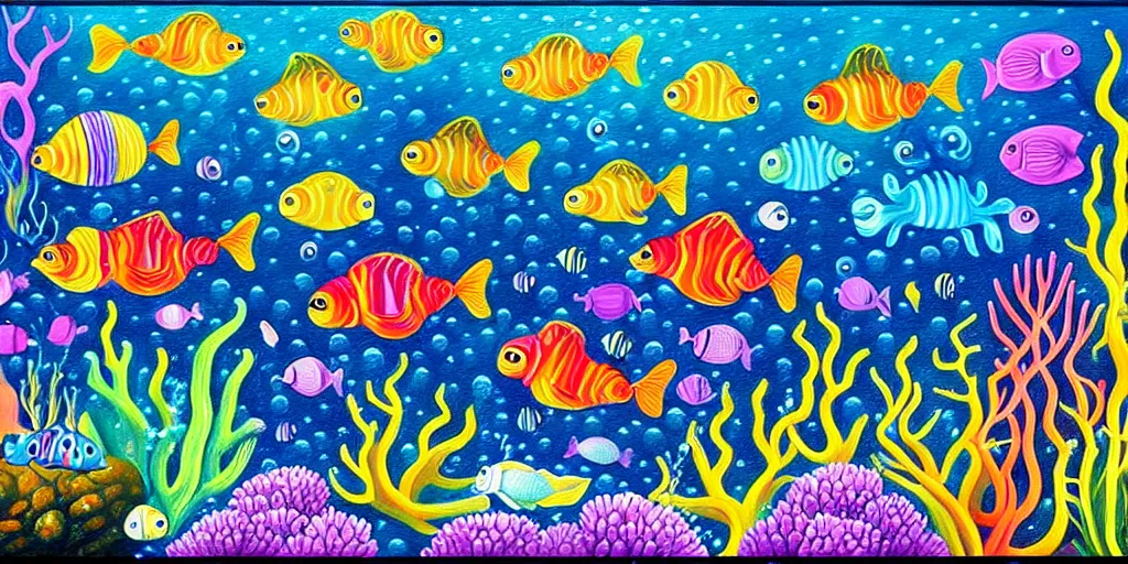 Image similar to a beautiful painting of an elaborate underwater scene painted by bosch and lisa frank