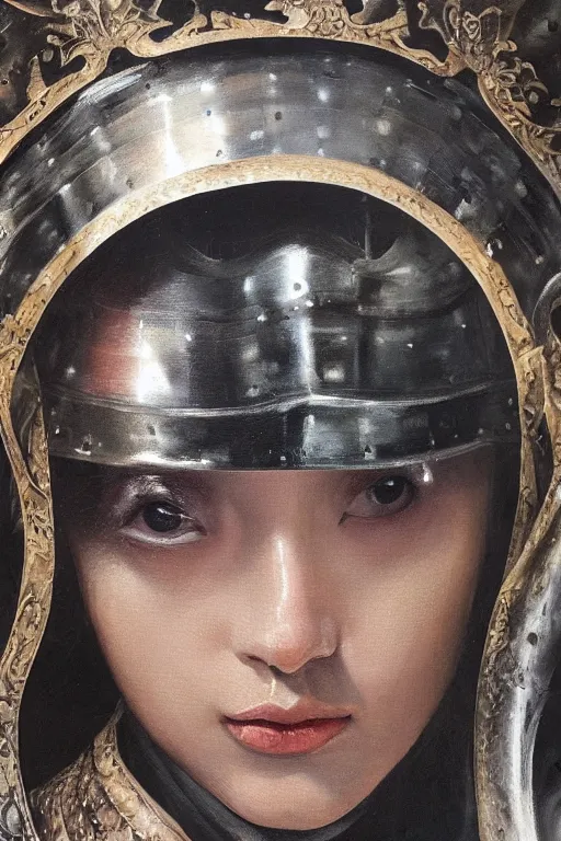 Image similar to hyperrealism oil painting, close-up portrait of medieval euopean fashion model, knight, steel gradient mixed with water swirls sky, in style of baroque mixed with 70s japan book art