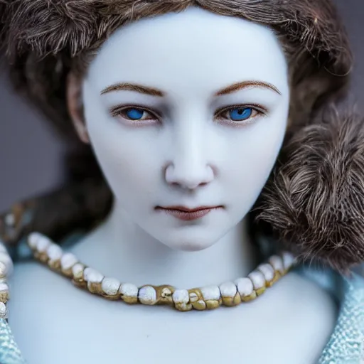 Prompt: portrait photograph of an incredibly realistic porcelain woman. Macro details. 8k.