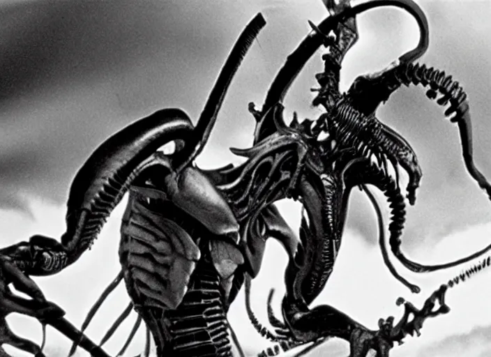 Image similar to Xenomorph in a still from the movie Destroy All Monsters (1968), high quality