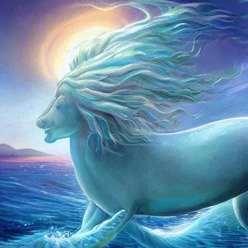 Image similar to a beautiful, celestial, oceanic hippocampus rising from the sea, fantasy art,