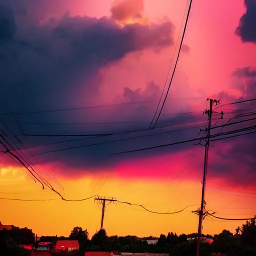 Prompt: low angle, pink golden clouds, blue sky, golden hour, telephone lines, thunder storm, lightening, detailed, photograph, award wining, trending on artstation, 4k, unreal engine 5, octane render, neon highlights