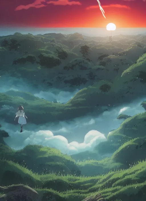 Image similar to the flim poster of a magical place around mountains and river, white spirit flying around the sky, miyazaki's animated film, ghibli studio, princess mononoke, 4 k, highly detailed, horizon view, cinematic composition, hyperdetailed,