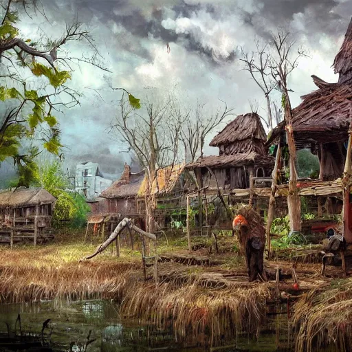 Image similar to A painterly Swampvillage with a wooden wall made of zombie limbs, , high detailed, semirealistic, oil painting, trending on Artstation. w 1024