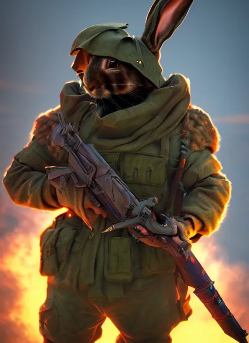 Image similar to an epic fantasy comic book style portrait painting of an militar rabbit in a battlefield, menacing. unreal 5, daz, hyperrealistic, octane render, cosplay, rpg portrait, dynamic lighting