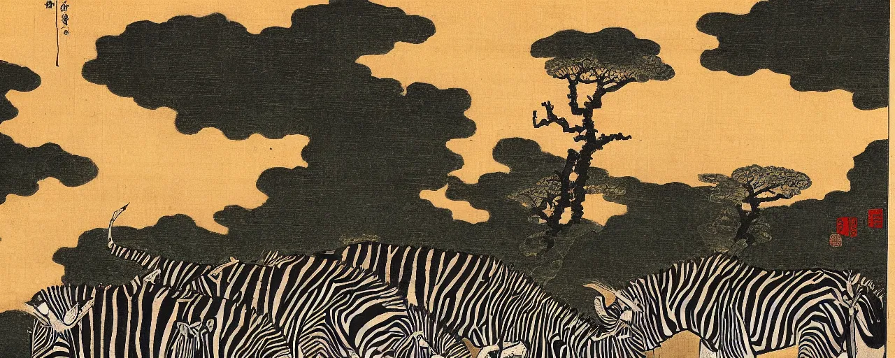 Prompt: An ukiyo-E painting of a starry night above an African savanna with zebras grazing