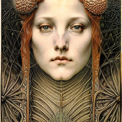 Image similar to detailed realistic beautiful young medieval queen face portrait by jean delville, gustave dore, ernst haeckel and marco mazzoni, art nouveau, symbolist, visionary, gothic, pre - raphaelite. horizontal symmetry