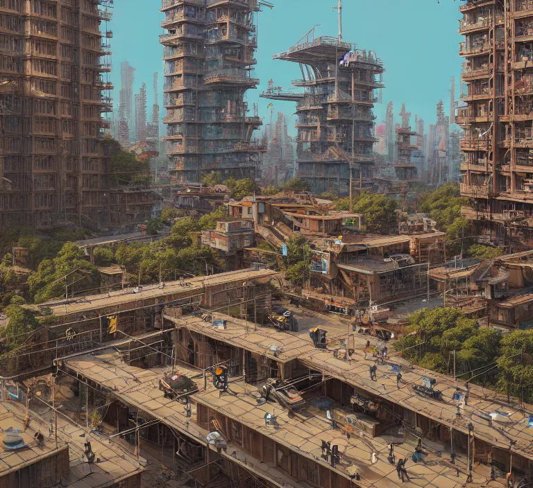 Image similar to hyperrealism photography hyperrealism concept art of highly detailed beavers builders that building highly detailed futuristic ( cyberpunk ) city by wes anderson and hasui kawase and scott listfield sci - fi style hyperrealism rendered in blender and octane render volumetric natural light