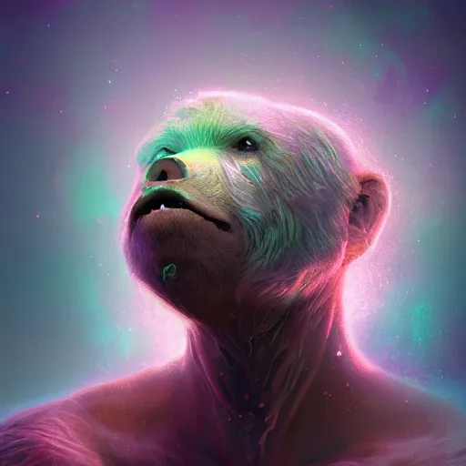 Image similar to a mythical human body bear faced hybrid, concept art, portrait, epic, trending on artstation, very detailed, 4 k, hd, dramtic lighting, flowing energy, by beeple