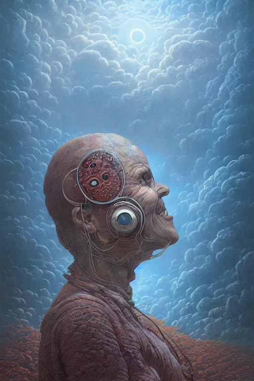 Image similar to 4K Stunningly detailed Ancient Beautiful portrait of a Smile inspired in beksinski and dan mumford work, 4K Upscale remixed with Simon Stalenhag work, sitting on the cosmic cloudscape